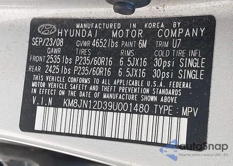 2009 Hyundai Tucson Se из США, поврежденный, VIN KM8JN12D39U001480